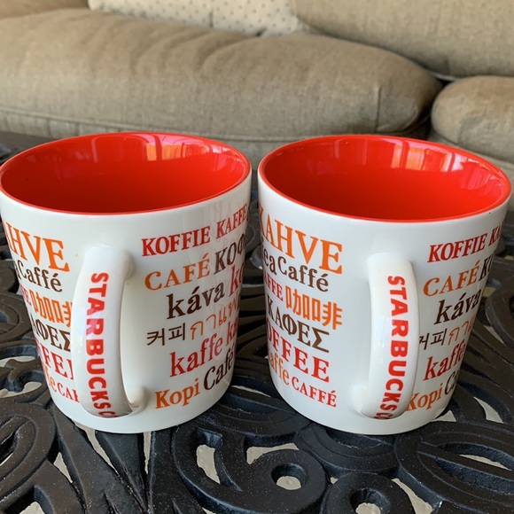 Set of Two NEW Starbucks coffee mugs in white/ red w/ multi language “coffee” - Picture 4 of 9